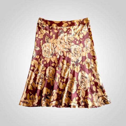 90s Silk Burgundy Floral Midi Skirt