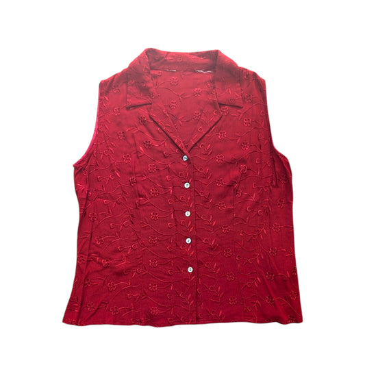 00's Red Embroidered Floral Sleeveless Blouse
